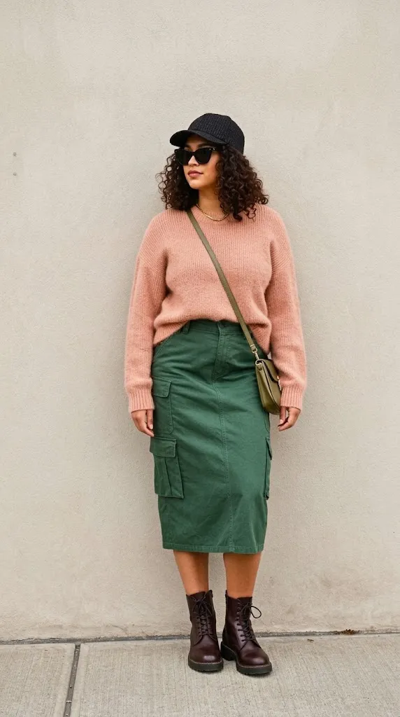 Dusty Apricot Mohair Sweater with Forest Green Cargo Skirt