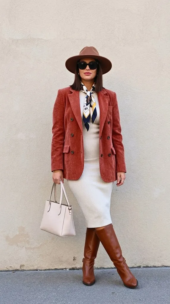 Dusty Coral Corduroy Blazer with Moss Knit Dress