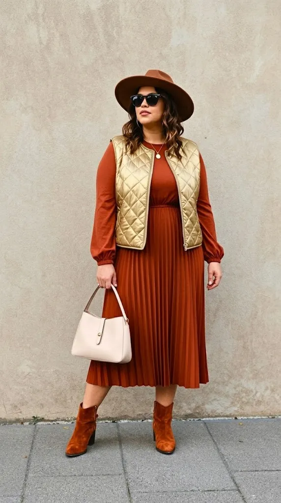 Golden Olive Barn Vest with Rust Pleated Maxi Dress
