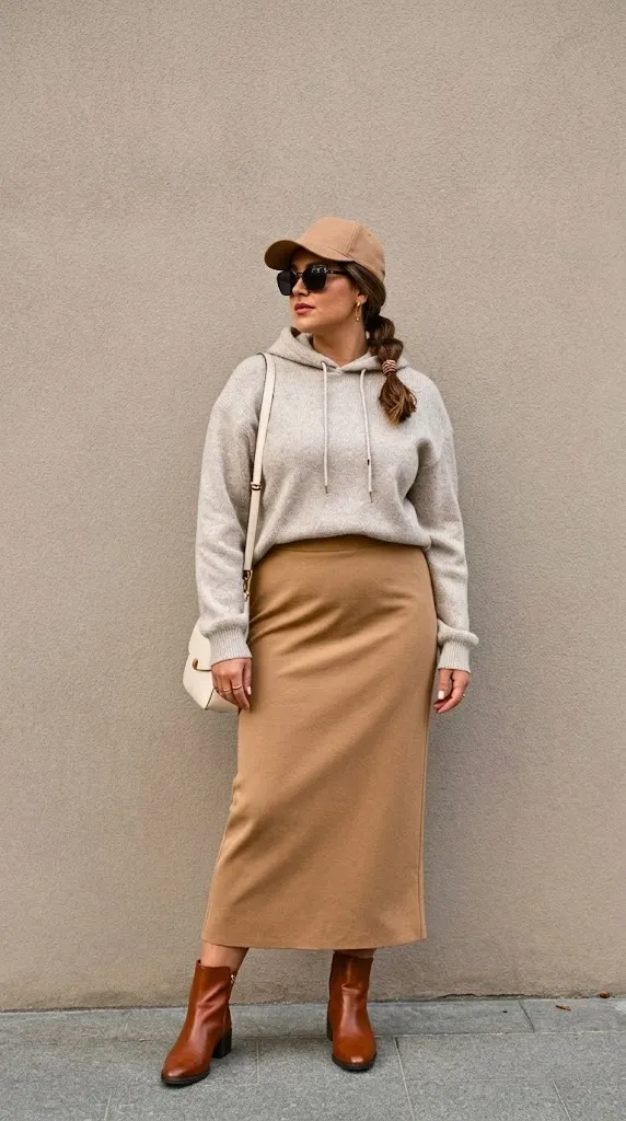 Heather Moss Knit Hoodie with Camel Tailored Maxi Skirt