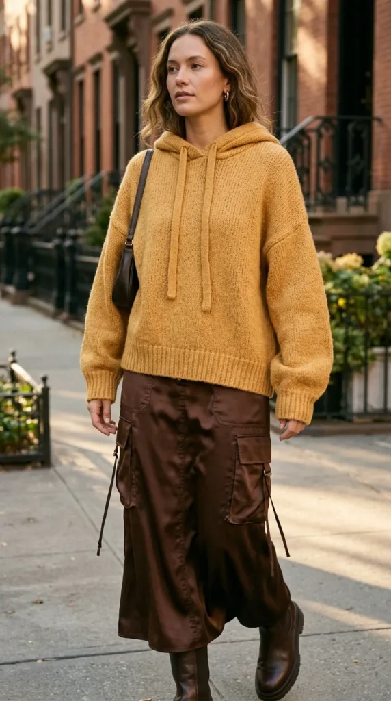 Honey Knit Hoodie with Chocolate Satin Cargo Skirt