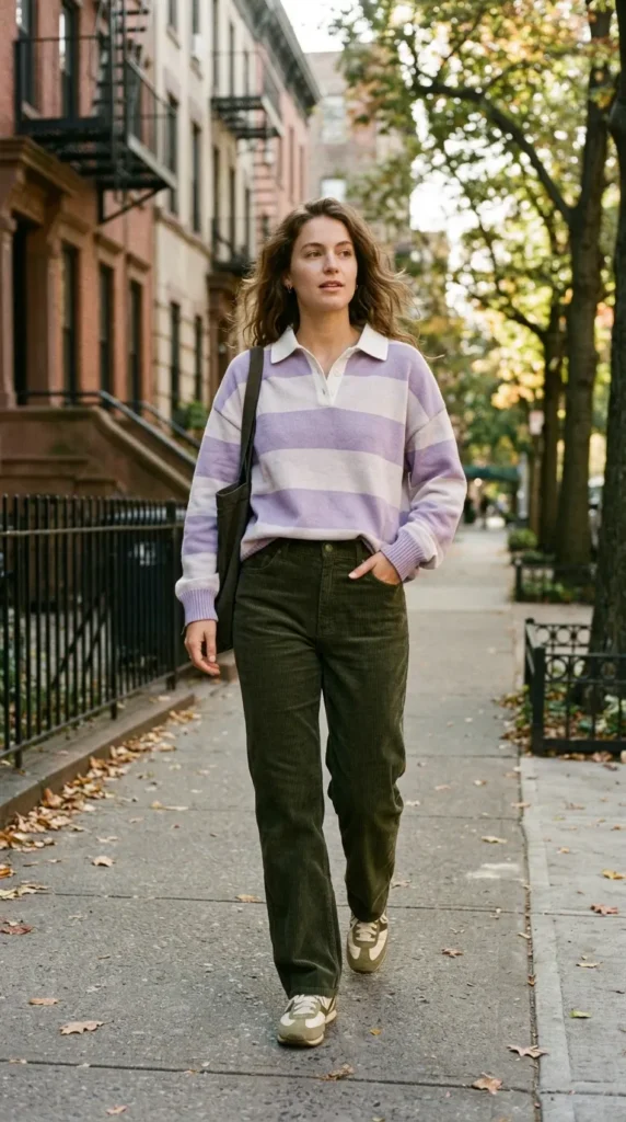 Lavender Rugby Sweater with Dark Olive Corduroy Trousers