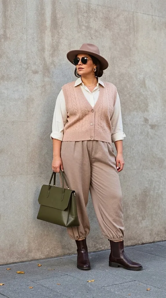 Light Copper Sweater Vest with Eucalyptus Balloon Trousers