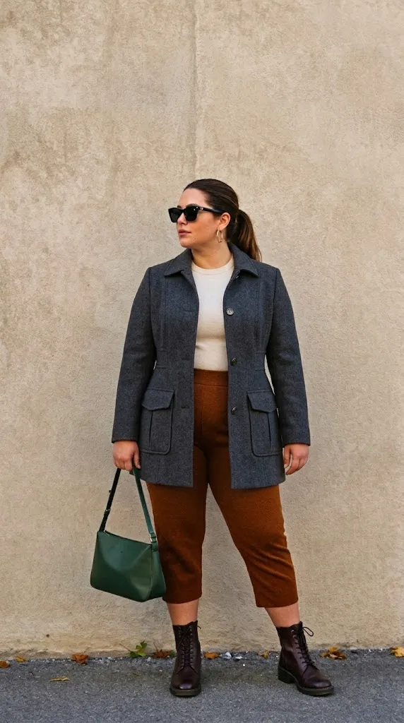 Olive Herringbone Overshirt with Cinnamon Knit Culottes