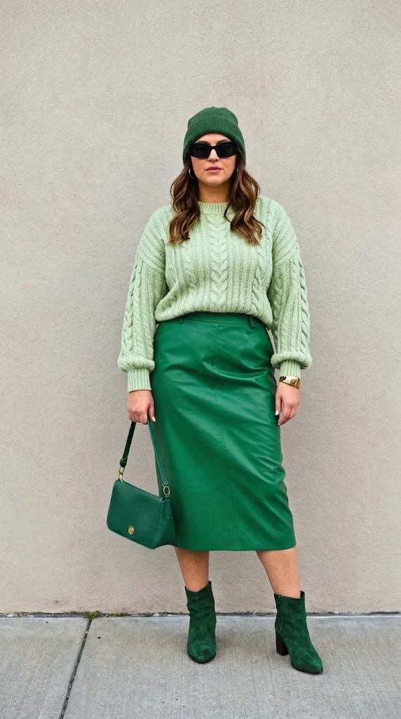 Pistachio Cable Sweater with Burnt Clay Faux Leather Skirt