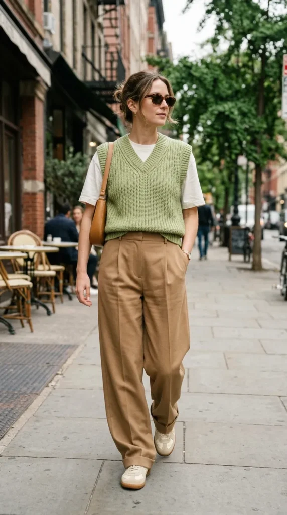 Pistachio Knit Vest with Wide-Leg Camel Trousers