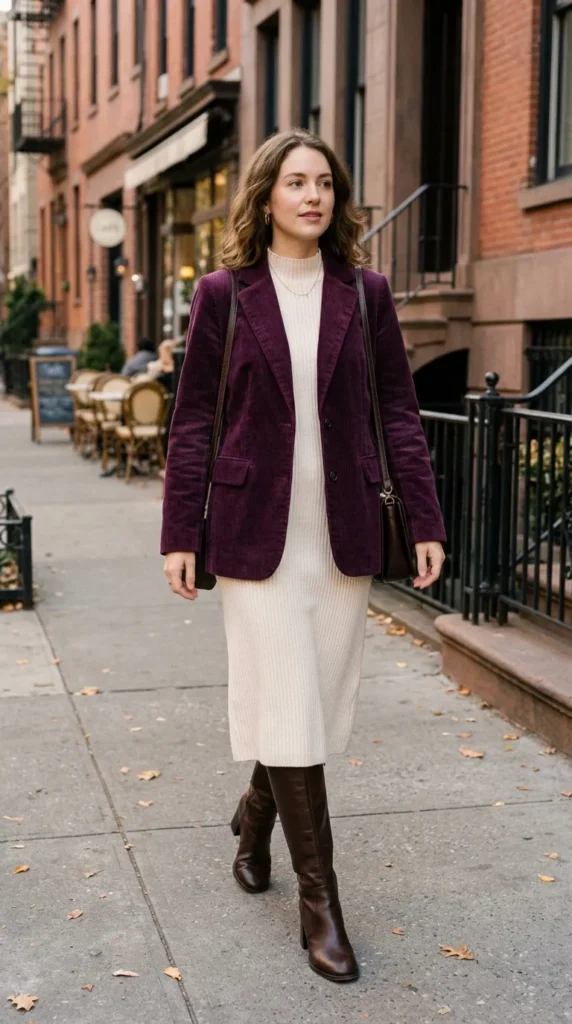 Plum Corduroy Blazer with Ivory Knit Dress