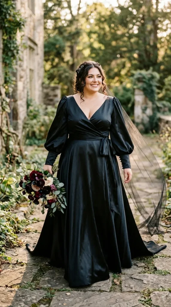 Plus Size Balloon Sleeve Satin Wrap Black Wedding Dress