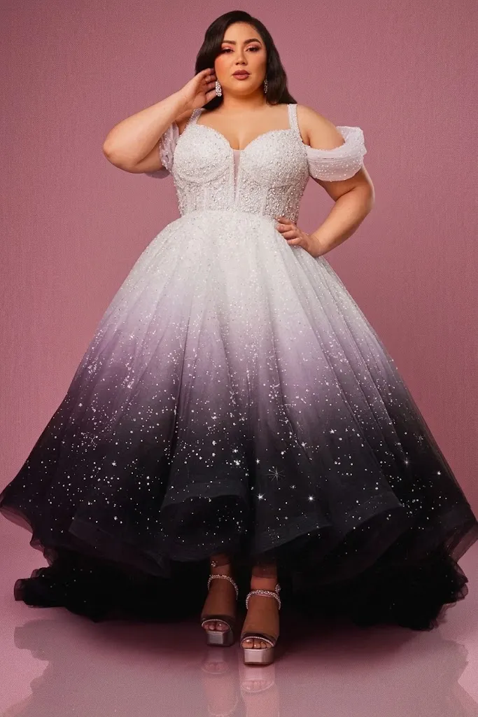 Plus Size Black and White Ombré Tulle Ball Gown