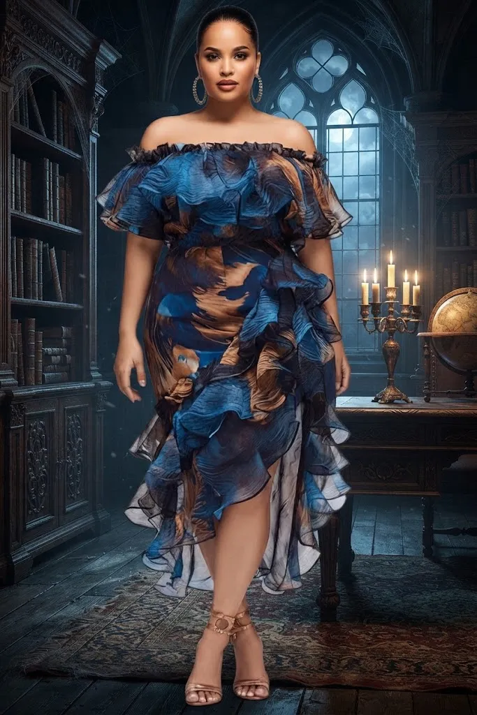 Plus Size Cocktail Party Blue Graphic Off The Shoulder Ruffle Tiered Chiffon Midi Dress