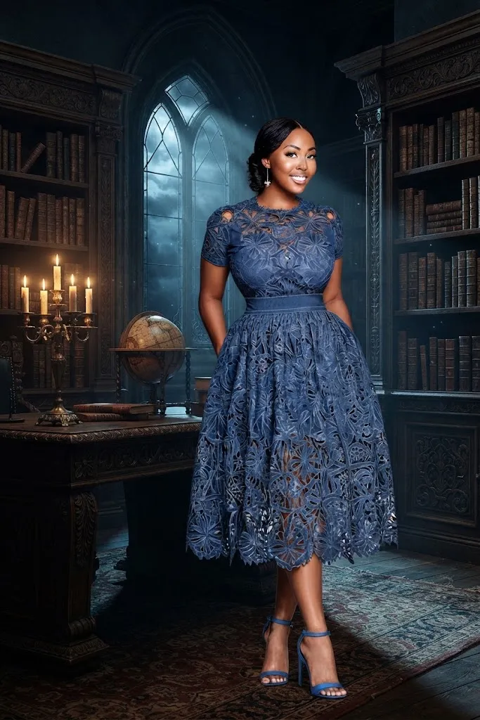 Plus Size Cocktail Party Blue Round Neck Short Sleeve Pocket Cut Out Guipure Lace Midi Dress