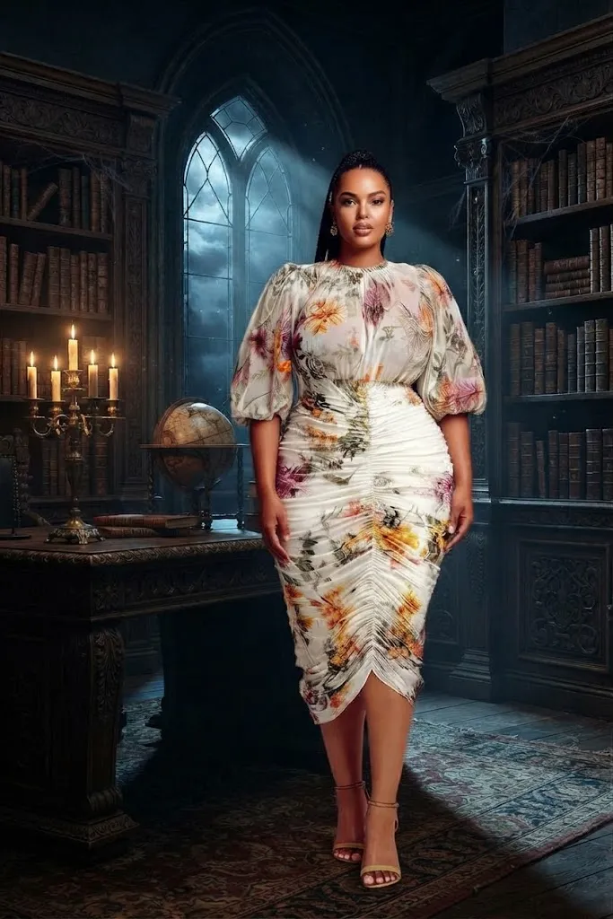 Plus Size Cocktail Party Elegant White Floral Round Neck Puff Sleeve Short Sleeve Bodycon Fold Chiffon Midi Dress