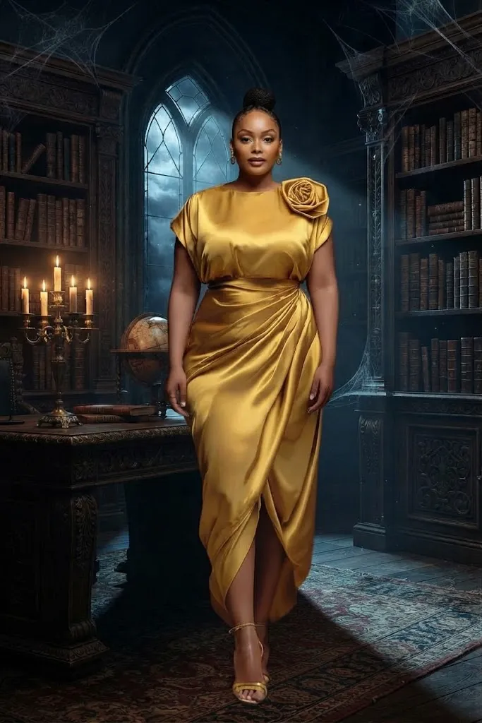 Plus Size Cocktail Party Gold Round Neck Short Sleeve Fold 3D Satin Maxi Dress