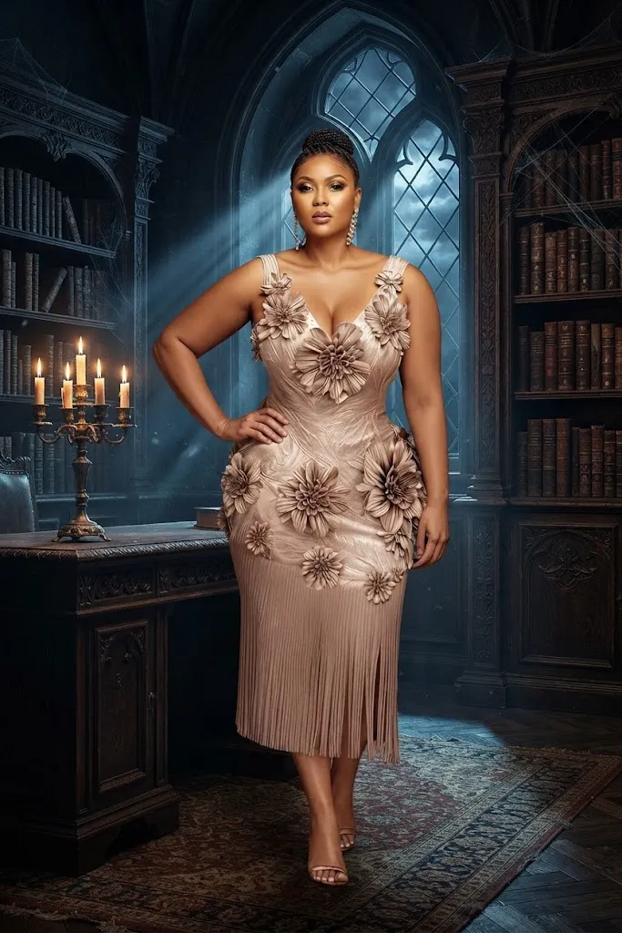 Plus Size Cocktail Party Gold V Neck 3D Elegant Midi Dress