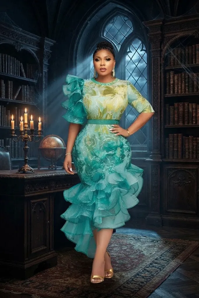 Plus Size Cocktail Party Green All Over Print Round Neck Half Sleeve Ruffle Asymmetric Hem Irregular Hem Midi Dress