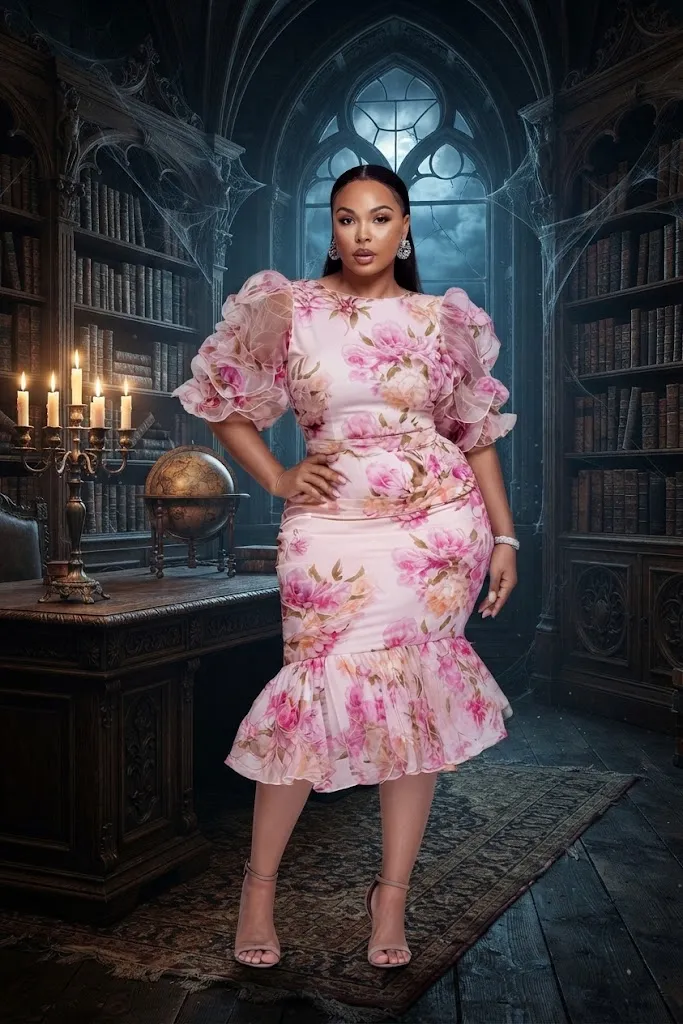 Plus Size Cocktail Party Pink Floral Boat Neck Half Sleeve Ruffle Chiffon Midi Dress