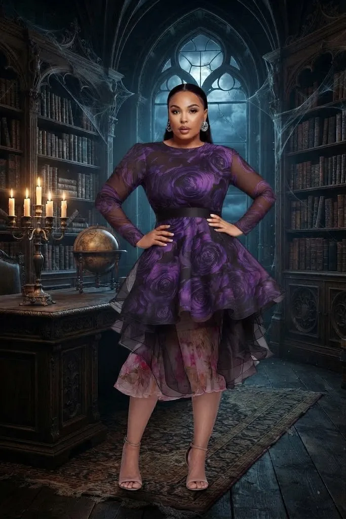 Plus Size Cocktail Party Purple Floral Round Neck Long Sleeve High Low Hem Ruffle Organza Mini Dress
