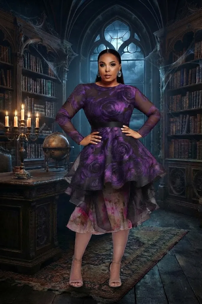 Plus Size Cocktail Party Purple Floral Round Neck Short Sleeve Pocket Satin Midi Dress