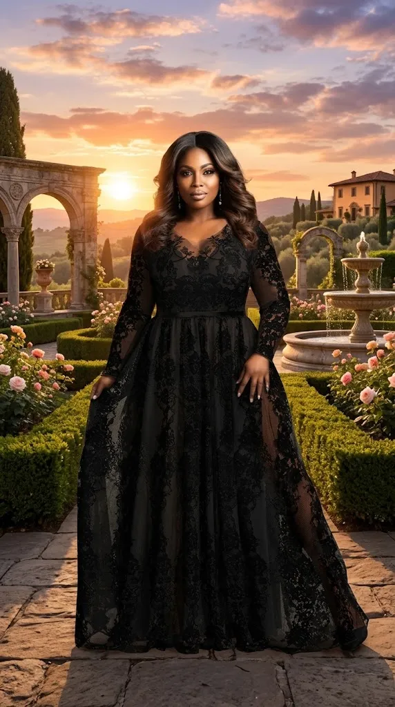 Plus Size Floral Lace Overlay V-Neck Black Wedding Dress
