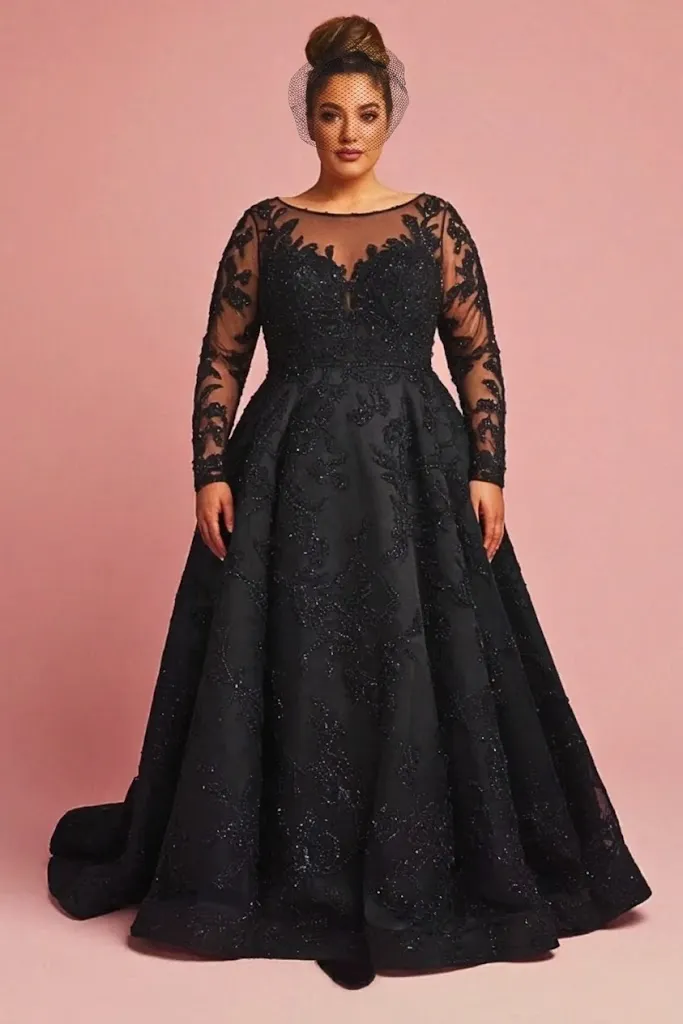 Plus Size Full-Sleeve Illusion Neckline Black Wedding Dress