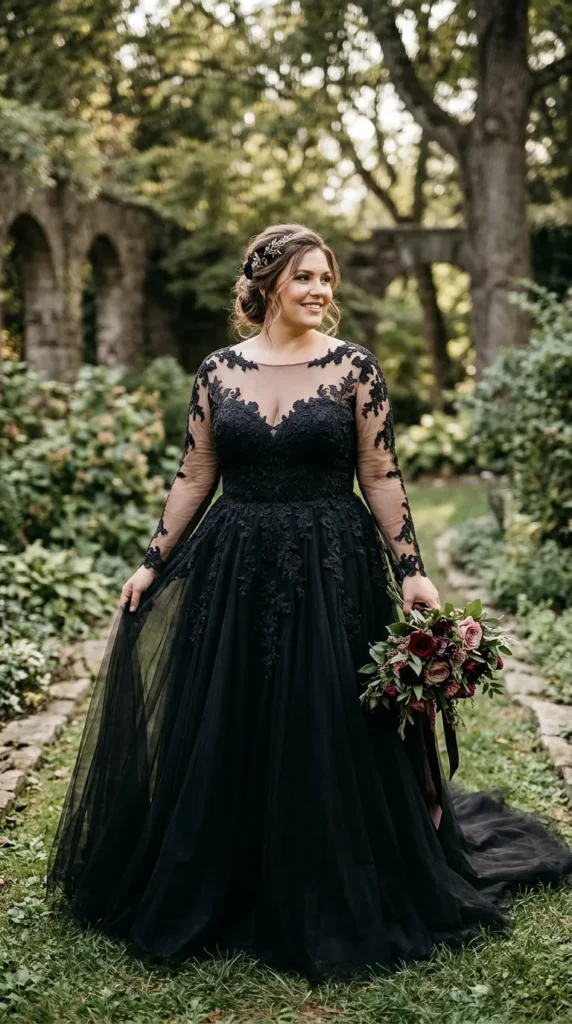 Plus Size Illusion Neckline Lace-Appliqué Tulle Black Wedding Dress