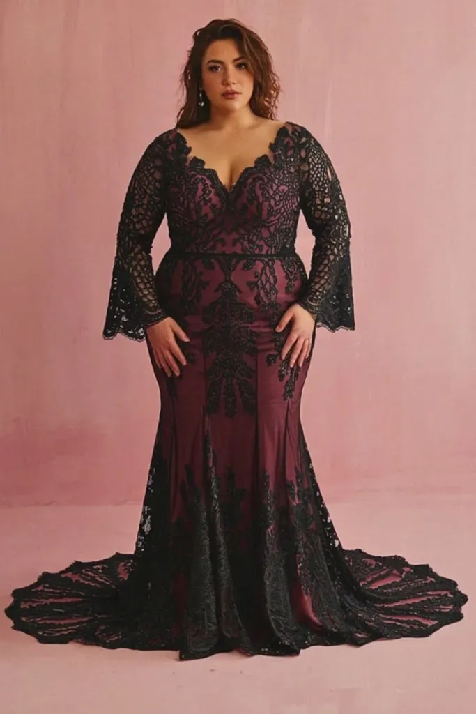 Plus Size Macramé Lace Bohemian Black Wedding Dress