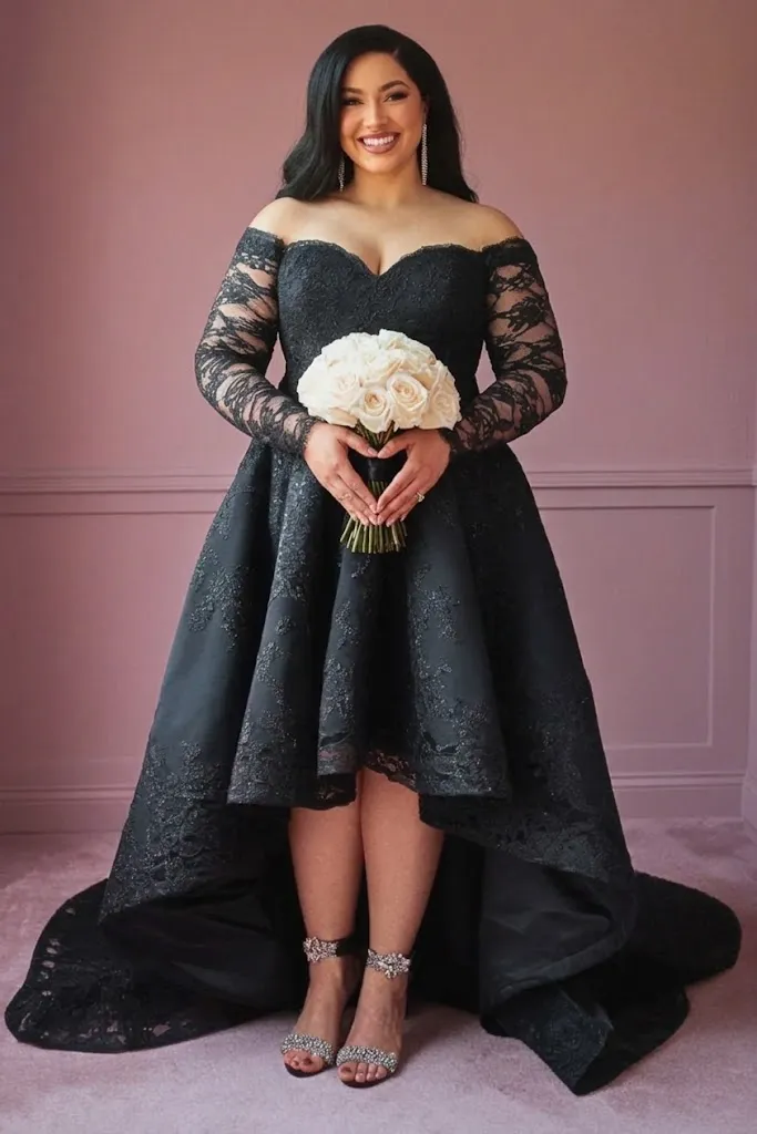 Plus Size Off-Shoulder Lace Overlay Black Wedding Dress