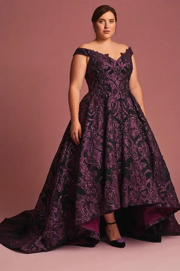 Plus Size Plum-Trimmed Princess Seam Black Wedding Dress