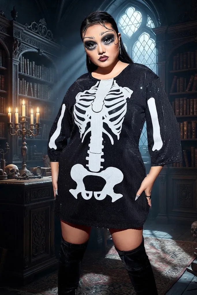 Plus Size Sequined Skeleton Sweater Dress Halloween Costume