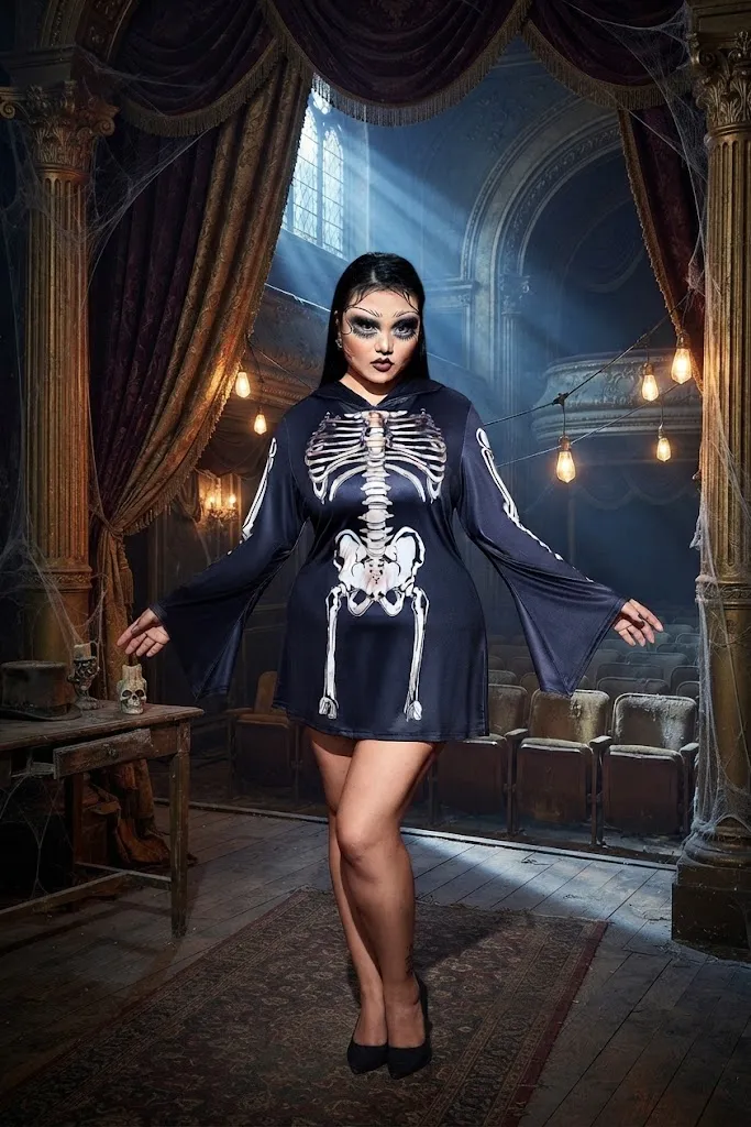 Plus Size Skeleton Hoodie Dress Halloween Costume