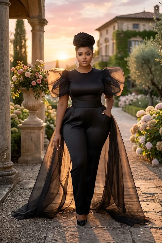 Plus Size Statement Puff-Sleeve Jumpsuit Black Wedding Dress