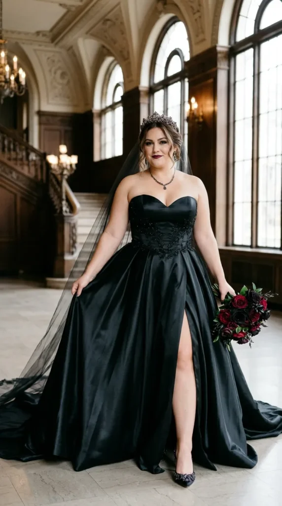 Plus Size Strapless Satin Ball Gown Black Wedding Dress with Front Split