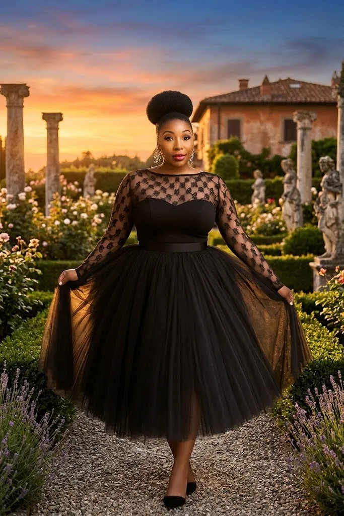 Plus Size Tea-Length Tulle Illusion Neckline Black Wedding Dress