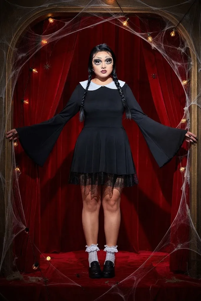 Plus Size Wednesday Addams Gothic School Girl Halloween Costume