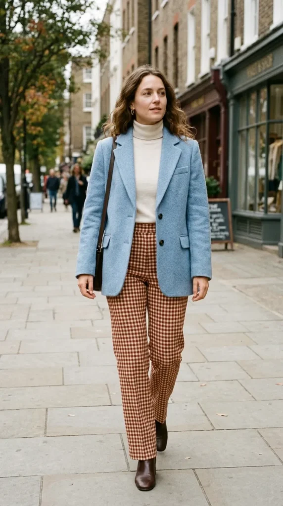 Powder Blue Wool Blazer with Rust Gingham Trousers