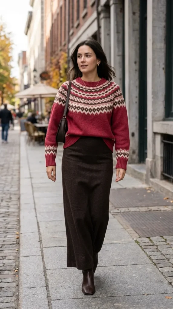 Raspberry Fair Isle Sweater with Espresso Column Skirt