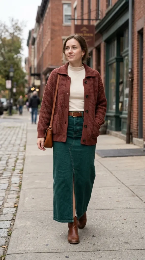 Rosewood Knit Jacket with Emerald Denim Maxi Skirt