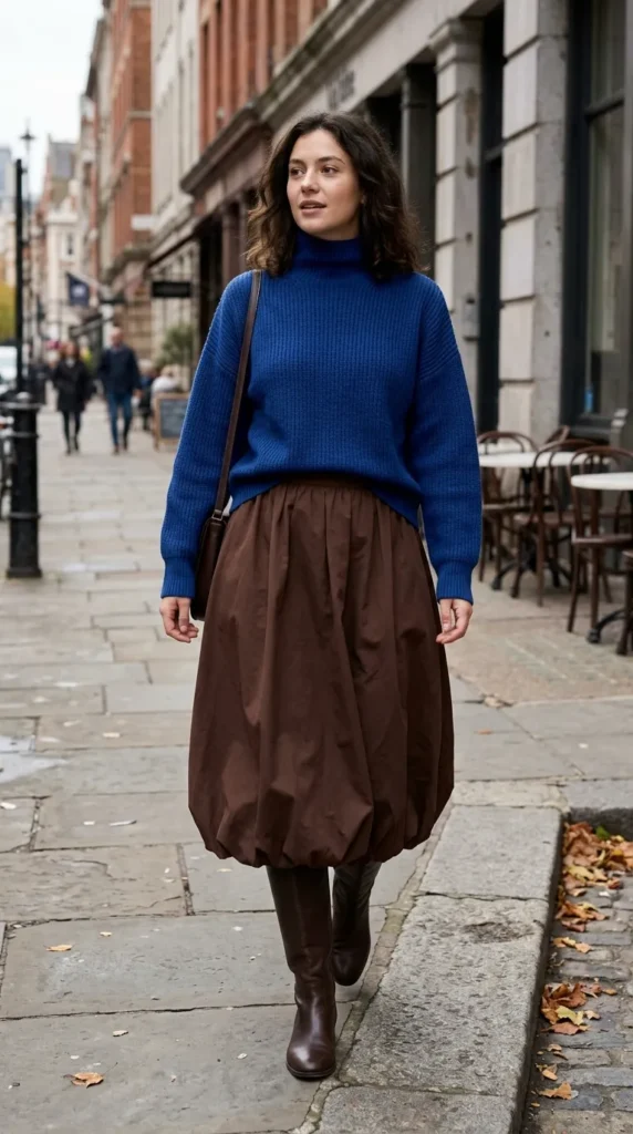 Sapphire Funnel Neck Sweater with Chocolate Balloon Skirt