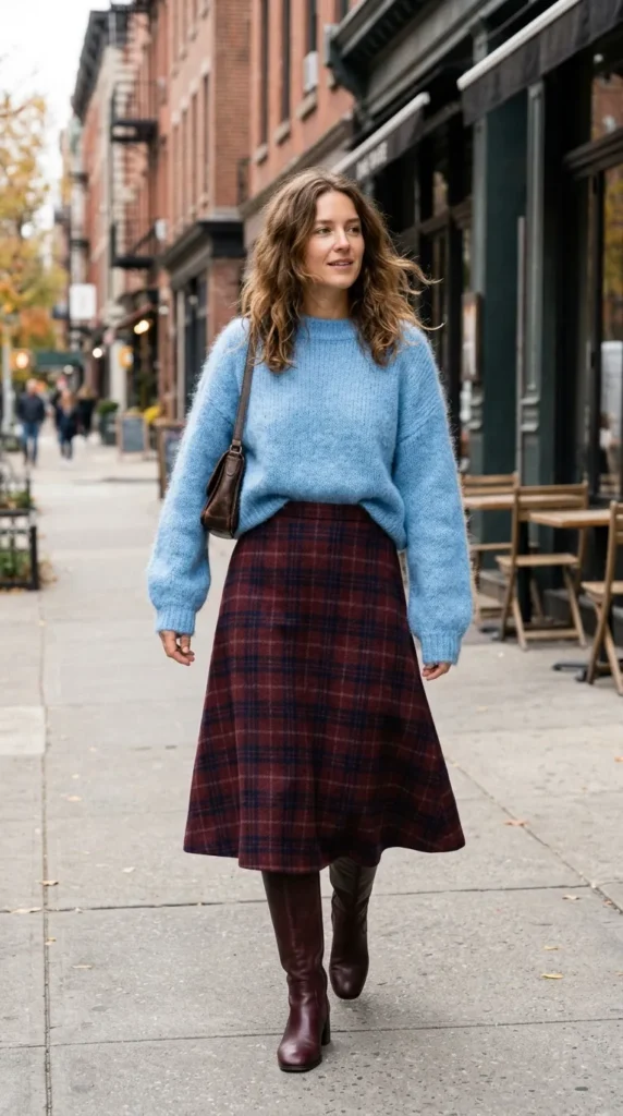 Sky Blue Mohair Sweater with Wine Check Midi Skirt