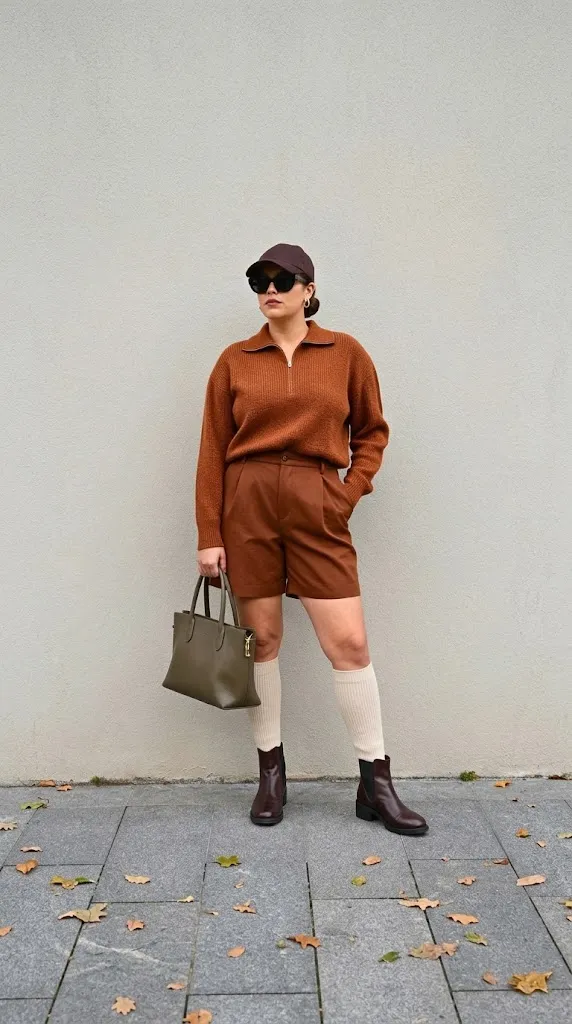 Soft Moss Knit Zip Polo with Cinnamon Tailored Shorts