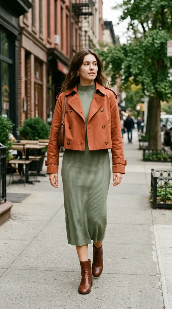 Terracotta Cropped Trench with Sage Knit Midi Dress