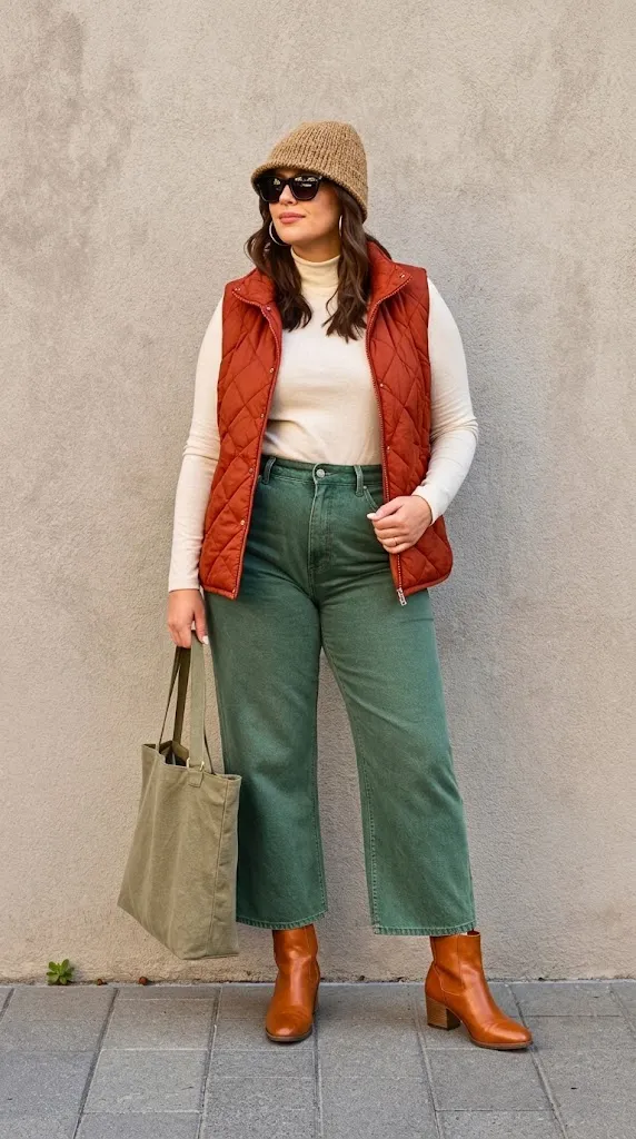 Terracotta Quilted Vest with Forest Green Wide-Leg Jeans