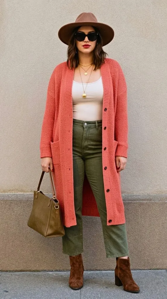 Warm Coral Textured Cardigan with Olive Patchwork Denim