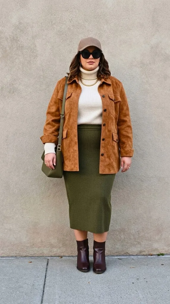 Warm Honey Suede Shirt Jacket with Olive Knit Column Skirt